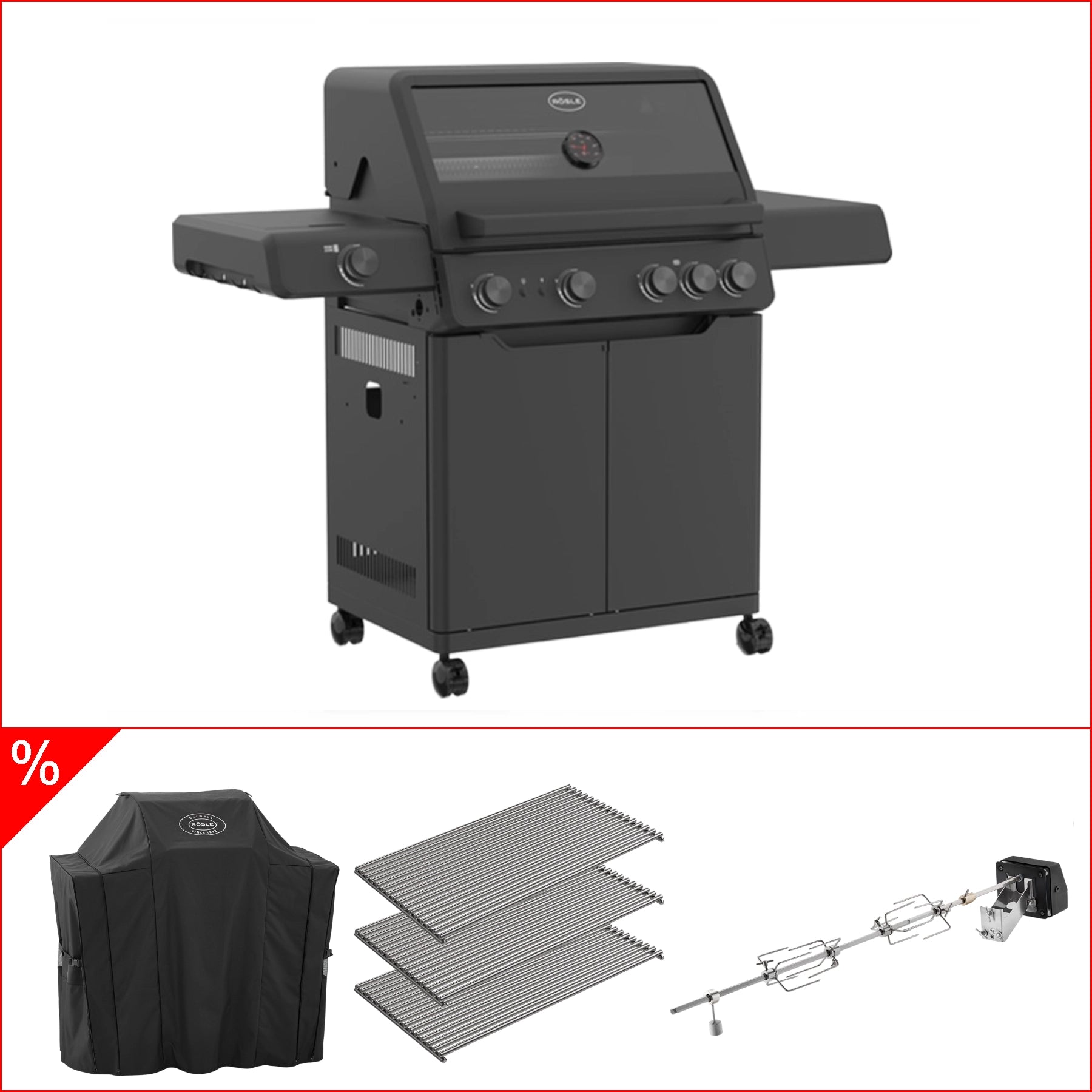 Rösle Bundle Gasgrill Allflame Hero 4 inkl. Abdeckhaube, Rotisserie und 3 Edelstahlrosten