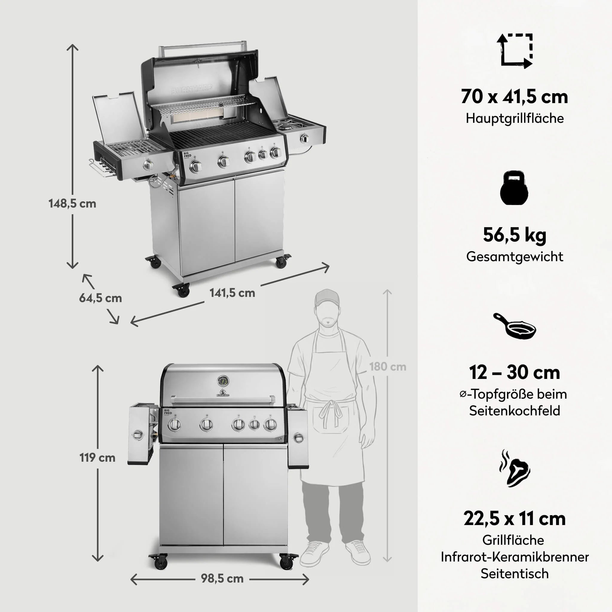 Burnhard Big FRED Deluxe Gasgrill Edelstahl 4-Brenner mit Gusseisenrost Series 4