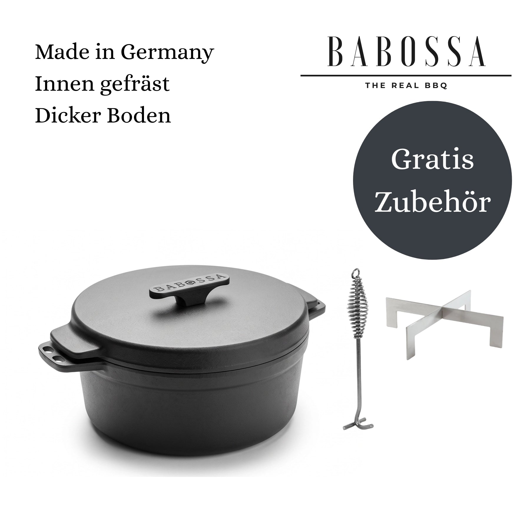 Babossa 4.5er innovativer Gusseiserner Topf | SET Deckelheber & Kreuz | Dutch Oven | Made in Germany