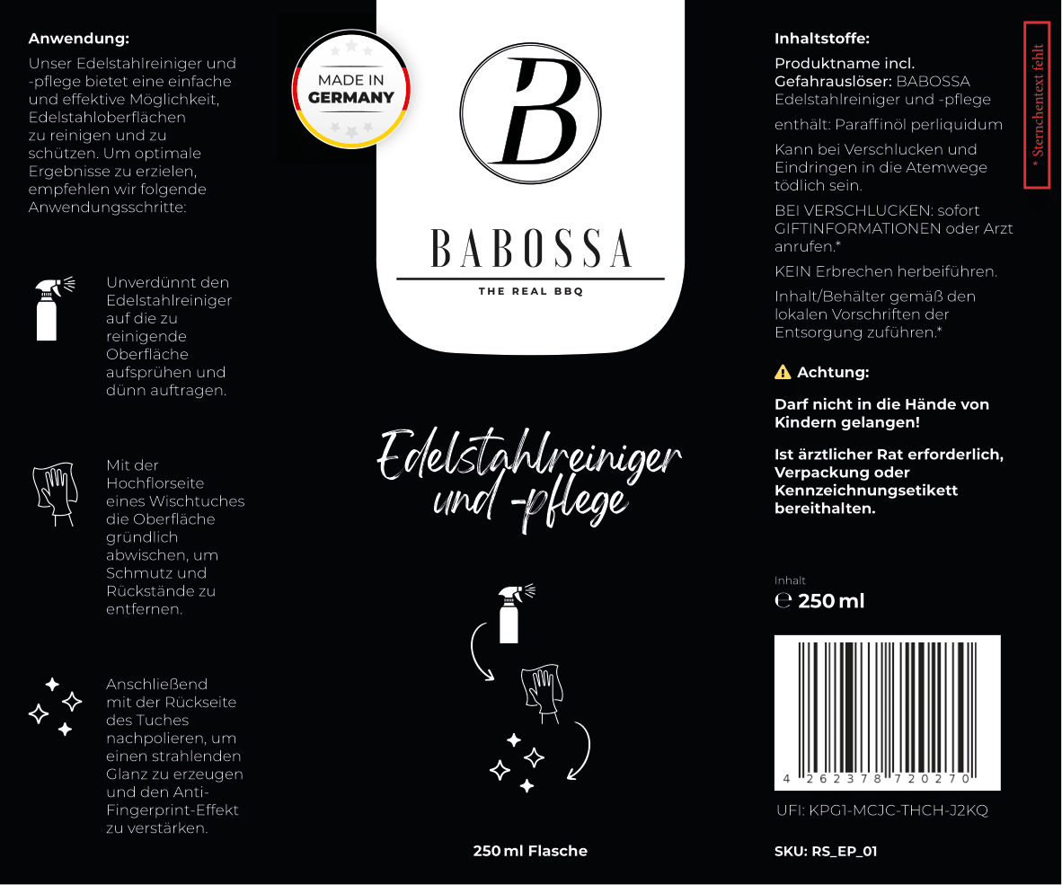 Etiket Babossa Edelstahlreiniger und -pflege