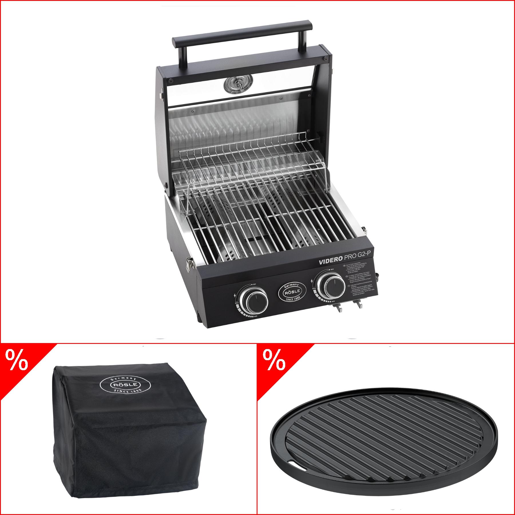 Rösle Videro Pro G2-P 50mbar Bundle mit Abdeckhaube und Grillplatte, rund
