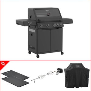 Rösle Bundle Gasgrill Allflame Hero 4 inkl. Abdeckhaube, Gusseisen Grillplatte und Drehspieß