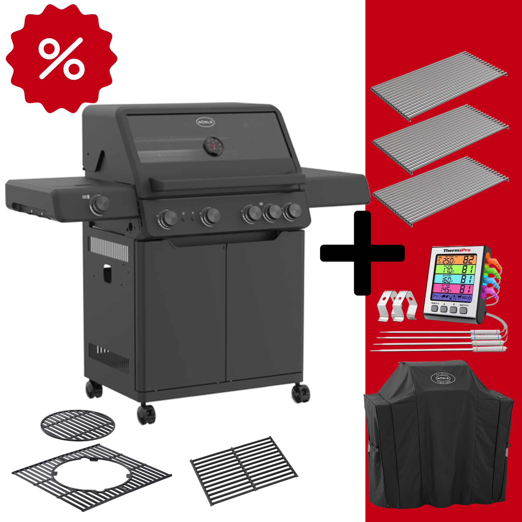 Rösle Gasgrill ALLFLAME Hero 4 - Unsere Alternative zu GRILLFÜRST EDITION mit Edelstahlrosten - inkl. Abdeckhaube und Outdoorchef Easy Check Thermometer Dual 251173-Easy 1000038006 - AlleFlame Hero 4 GRILLGOODS EDITION 