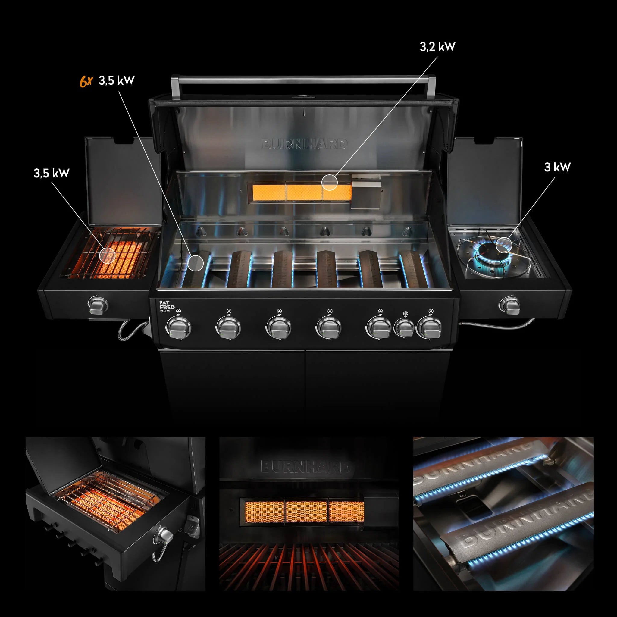 Burnhard Fat FRED Deluxe Gasgril Black Edition 6-Brenner mit Gusseisenrost (Series 4)