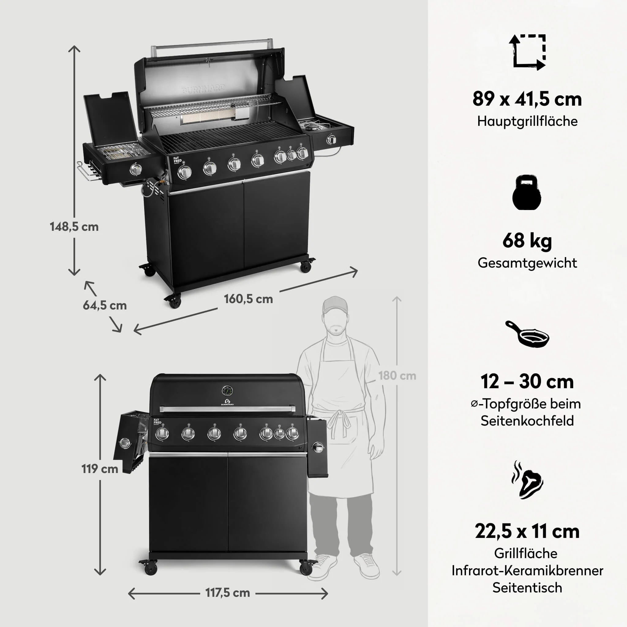 Burnhard Fat FRED Deluxe Gasgril Black Edition 6-Brenner mit Gusseisenrost (Series 4)