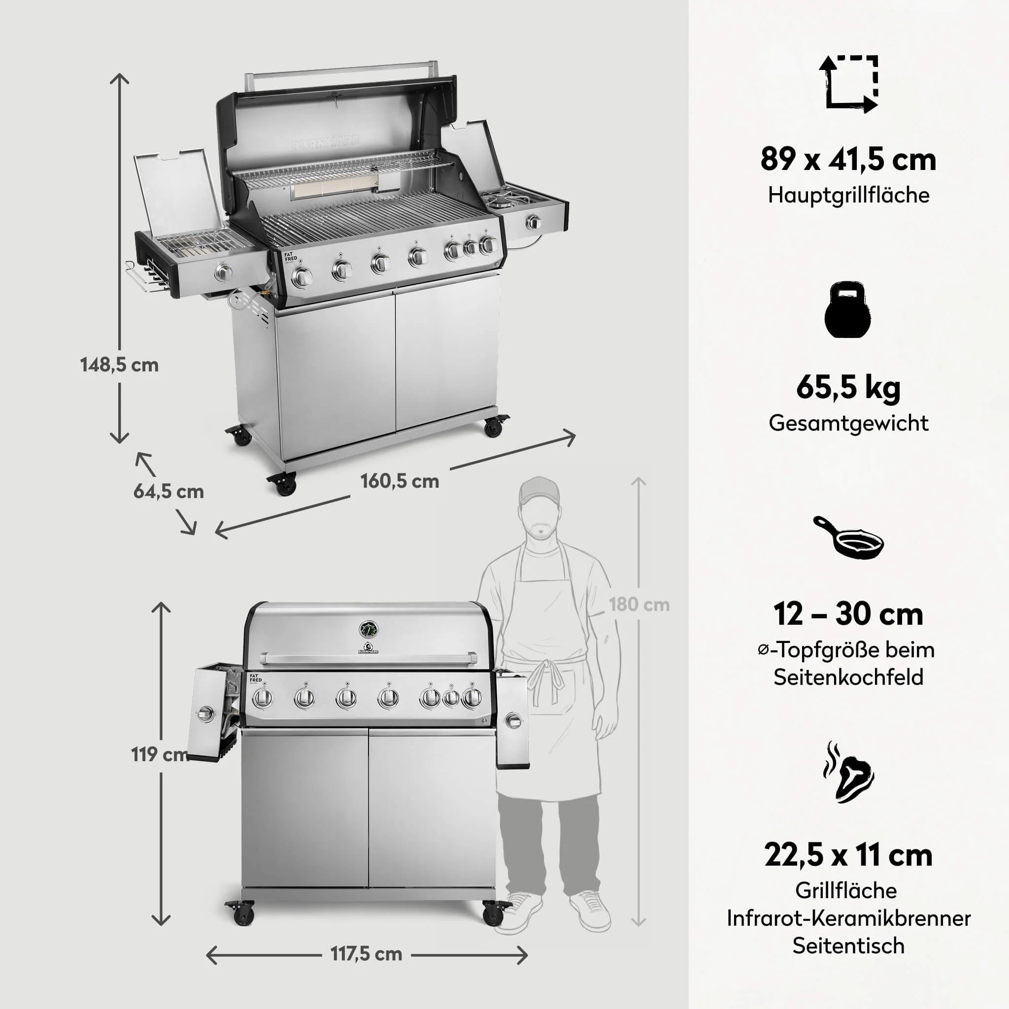 Burnhard Fat FRED Deluxe+ Gasgrill 6-Brenner Edelstahl mit Edelstahlrost Series 4