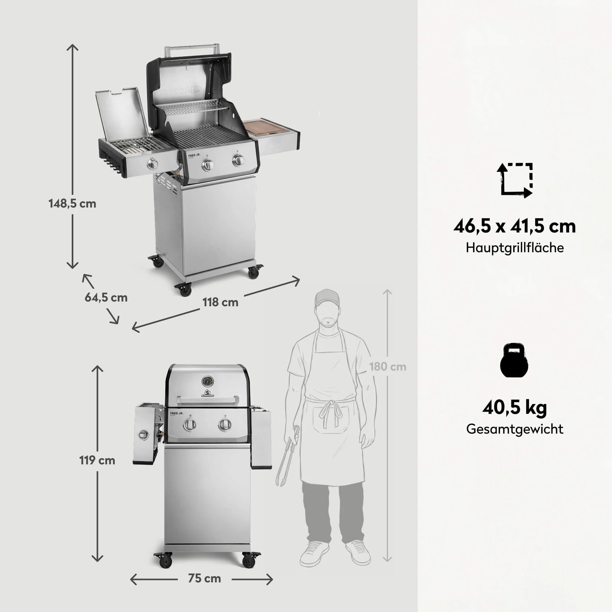 Burnhard FRED Jr. Deluxe Gasgrill Edelstahl 2-Brenner mit Edelstahlrost Series 4