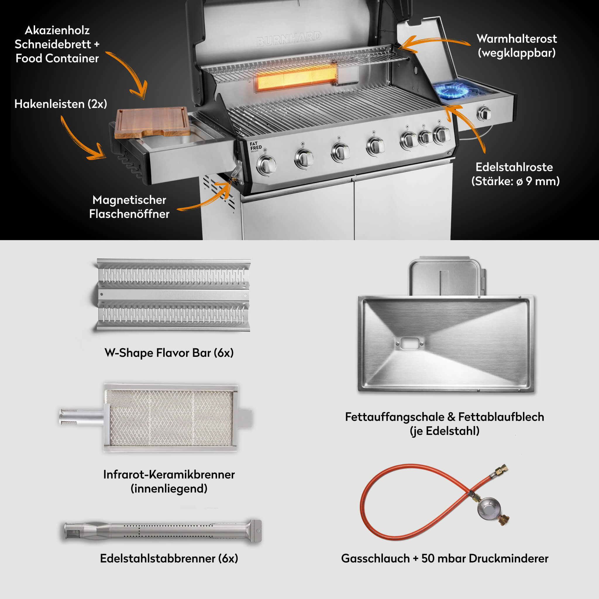 Burnhard Fat FRED Deluxe+ Gasgrill 6-Brenner Edelstahl mit Edelstahlrost Series 4