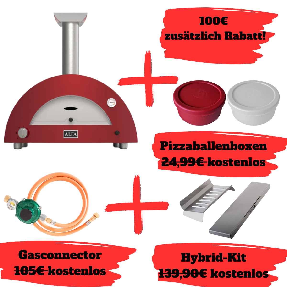 Alfa Forni Moderno 2 Pizze Bundle, Gas/Hybrid, Rot
