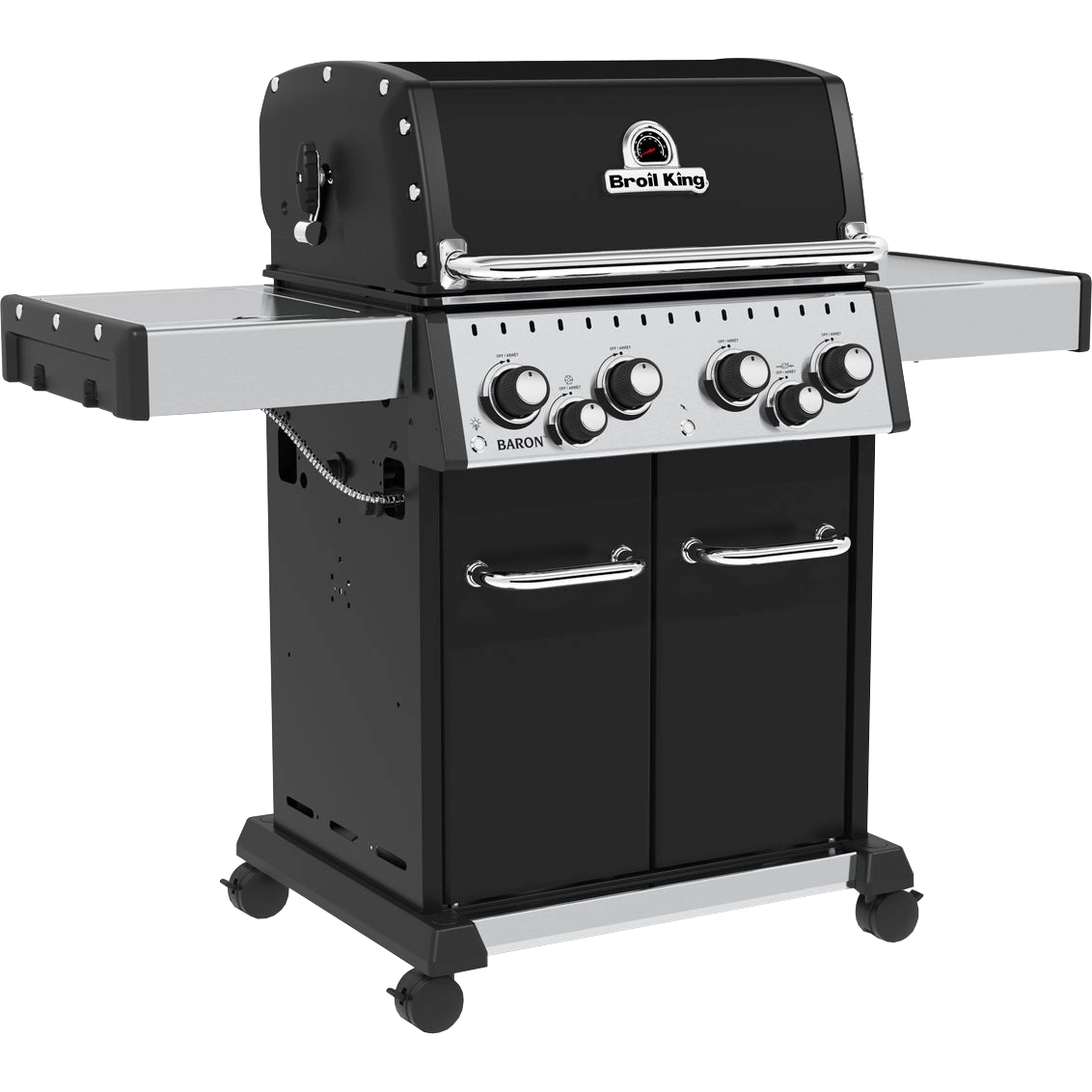 BroilKing 4 Brenner Gasgrill Baron 490 Black inkl. Rotisserie - aktuelles Modell in leicht diagonal linker Ansicht
