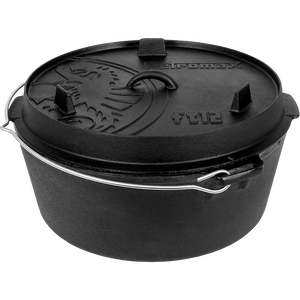 Produktbild gusseiserner 12er Dutch Oven ohne Füße, mit Deckel und Henkel in Frontansicht von Petromax