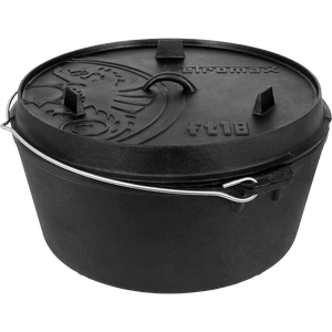 Produktansicht gusseiserner 18er Dutch Oven mit Füßen, Deckel und Henkel in Frontansicht von Petromax