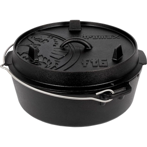 Produktbild gusseiserner 6er Dutch Oven ohne Füße, mit Deckel und Henkel in Frontansicht von Petromax