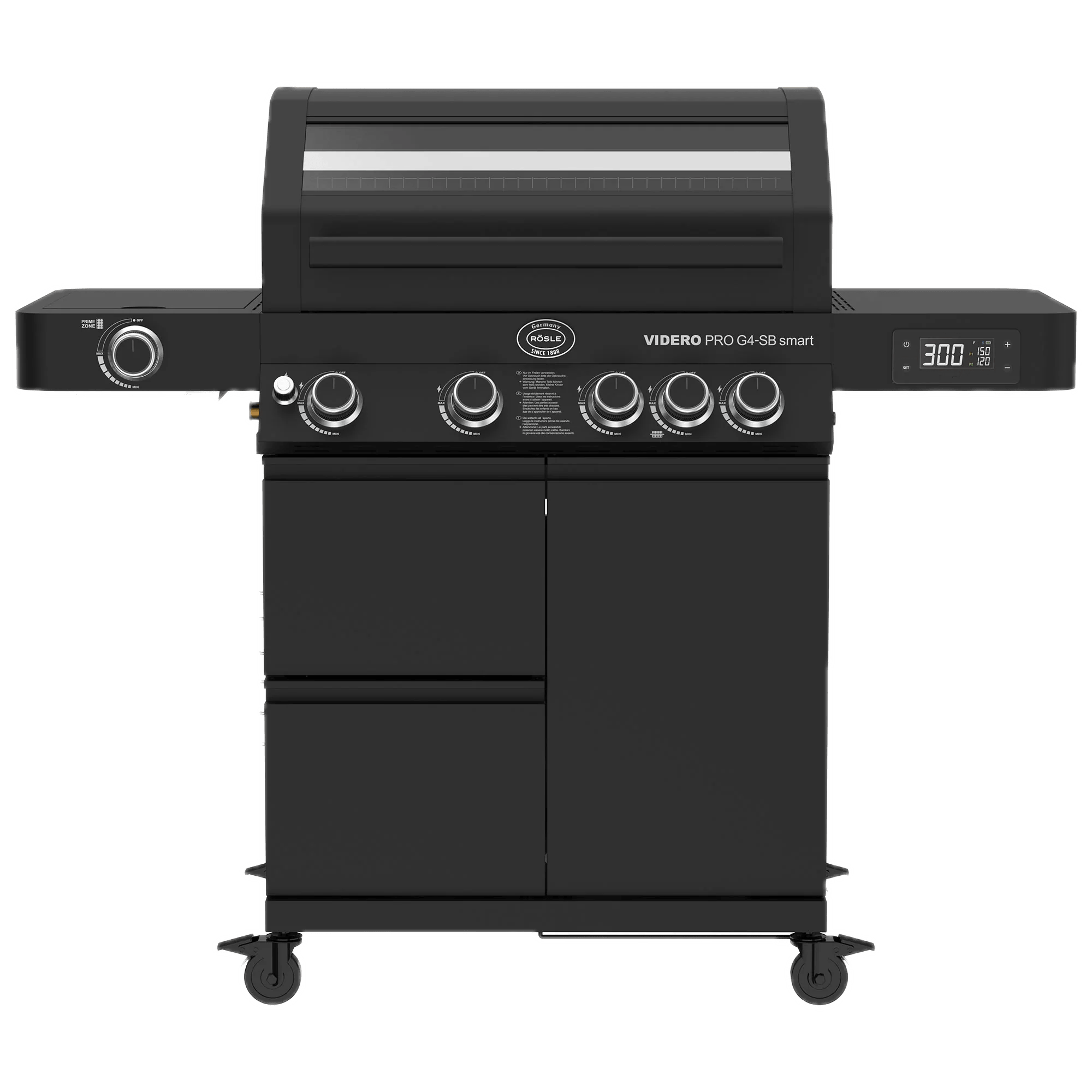 Rösle Videro Pro Smart Bundle - mit Grillplatte, Rotisserie, Räucherbox und Abdeckhaube